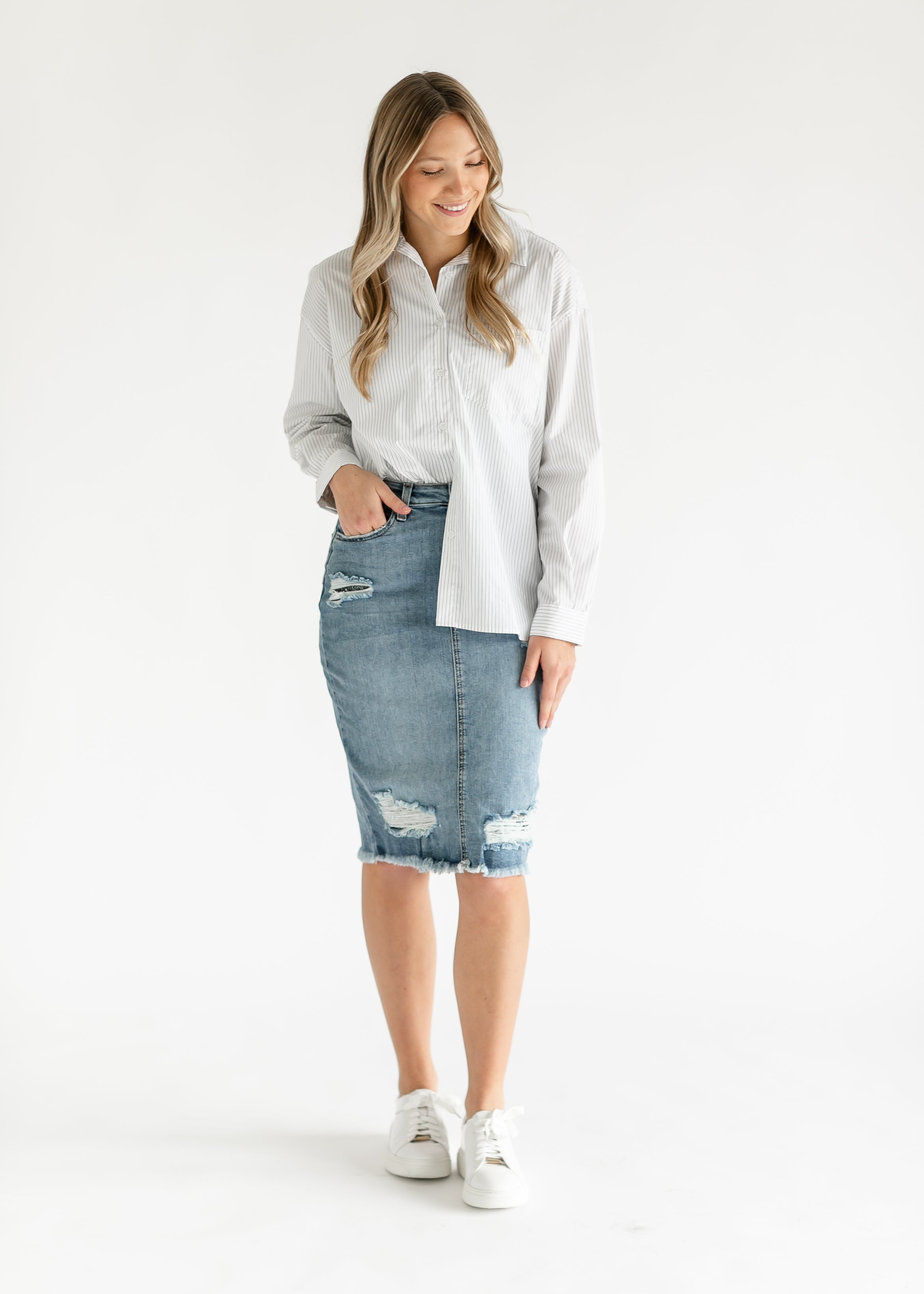 Modest Knee Length Distressed Denim Skirt – Inherit Co.